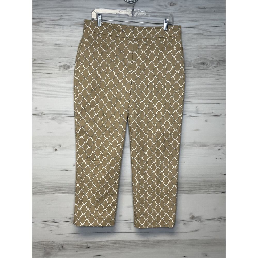 Ann Taylor Factory Pants Womens 10 Beige White Geometric Print Stretch Cropped